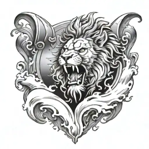 A lion roaring in a gladiator helmet, surrounded by crashing waves to represent the fierceness and power within you tattoo design idea