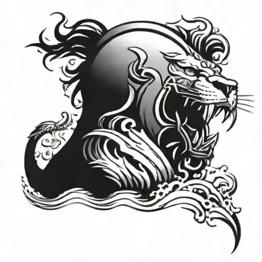 A lion roaring in a gladiator helmet, surrounded by crashing waves to represent the fierceness and power within you tattoo design idea