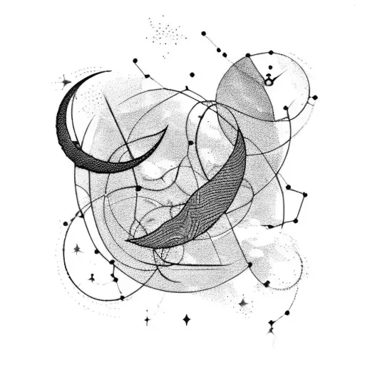 A minimalist representation of the Pisces constellation intertwined with a crescent moon, symbolizing the client's love for astrology and the night sky. tattoo design idea
