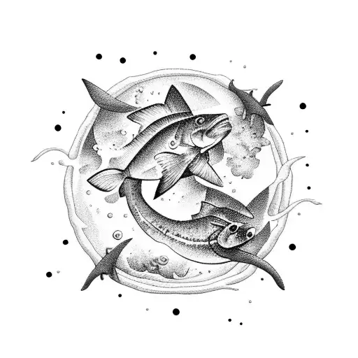 A majestic moonlit ocean scene with a Pisces constellation in dotwork style. tattoo design idea