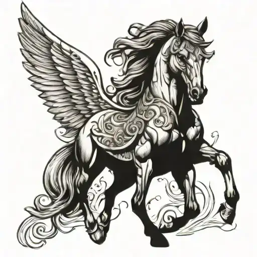 horse with angel wing attached tattoo design idea