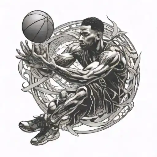 A basketball player in action, with intricate details capturing the intensity of the game tattoo design idea