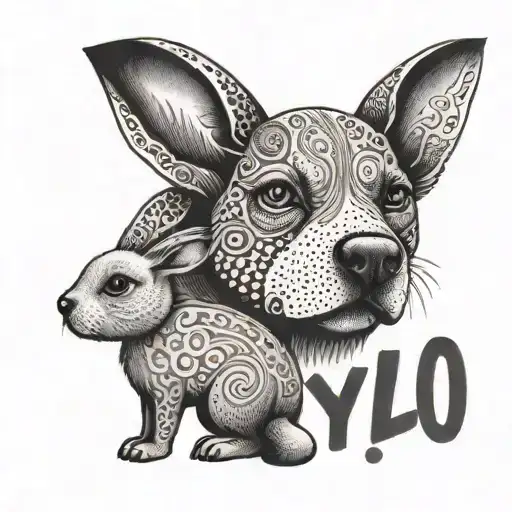 A tattoo design of a dog and a bunny playing together, showcasing the client's love for dogs and bunnies, with the phrase 'yolo' incorporated in a playful and artistic way tattoo design idea