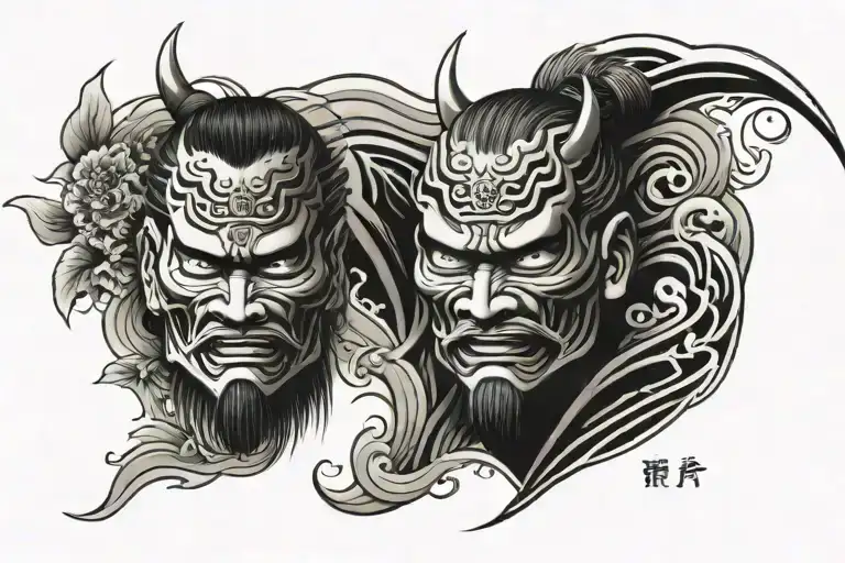 Japanese leg tatto, with samurai in mask, just the face, with black waves background tattoo design idea