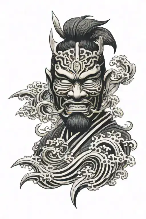tatto samurai mask with waves blacks tattoo design idea