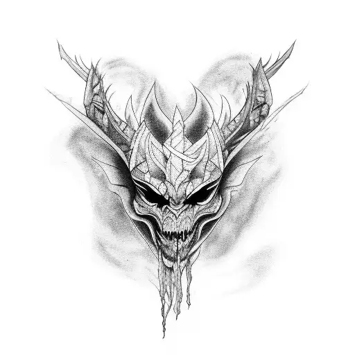 Create a tattoo of a mythical creature lurking in the shadows of an abandoned urban setting demonic tattoo design idea