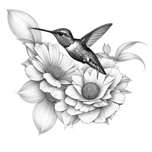 A hummingbird perched on a blooming flower with a delicate and intricate design tattoo design idea