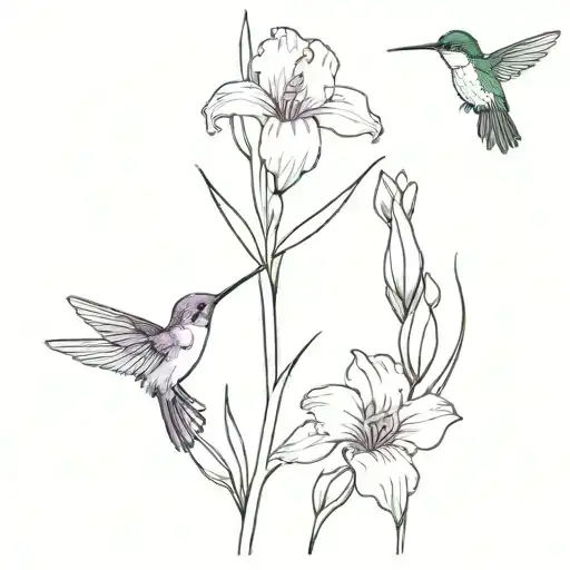 purple iris and hummingbird  tattoo design idea