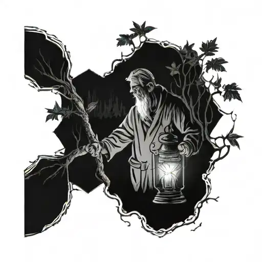 An ethereal sketch of a hospice worker holding a lantern of light in a dark forest, embodying hope and guidance tattoo design idea