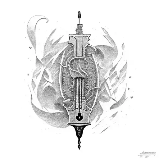uma guitarra quebrada e uma violeta roxa e uma espada tattoo design idea