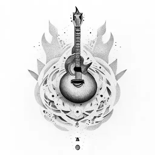 uma guitarra quebrada e uma violeta roxa e uma espada tattoo design idea