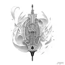 uma guitarra quebrada e uma violeta roxa e uma espada tattoo design idea