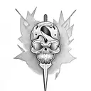 uma guitarra quebrada e uma violeta roxa e uma espada tattoo design idea