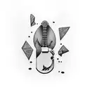 uma guitarra quebrada e uma violeta roxa e uma espada tattoo design idea