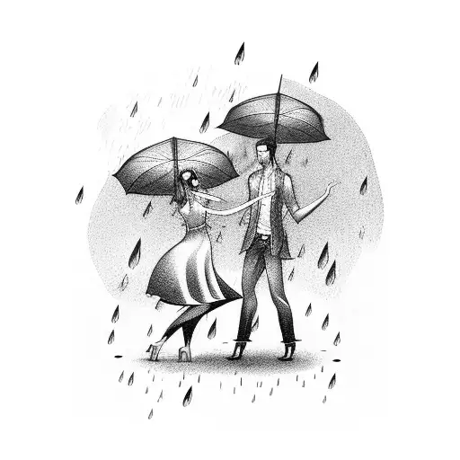 man and woman dancing in the rain with man holding umbrella behind his back tattoo design idea