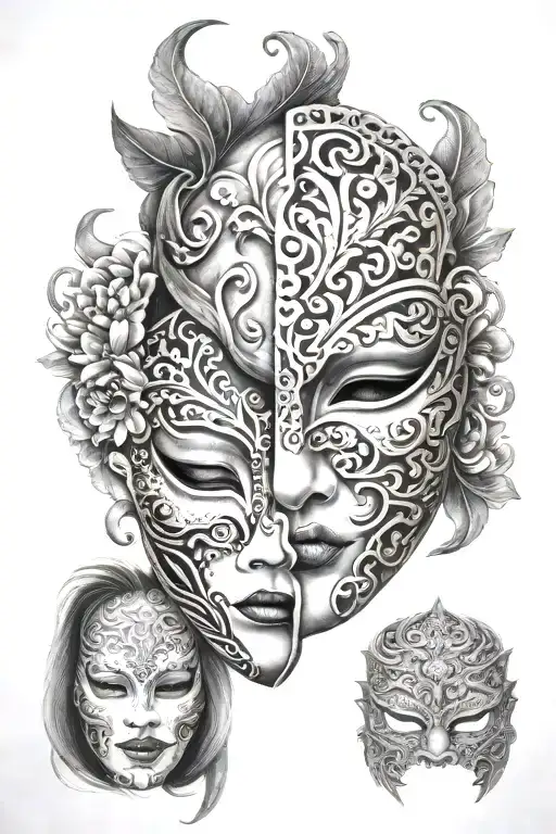 henya mask split in half tattoo design idea
