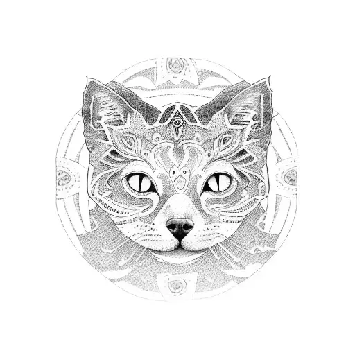 A dotwork tattoo of a nutrition-themed mandala with a cat and a dog in the center tattoo design idea