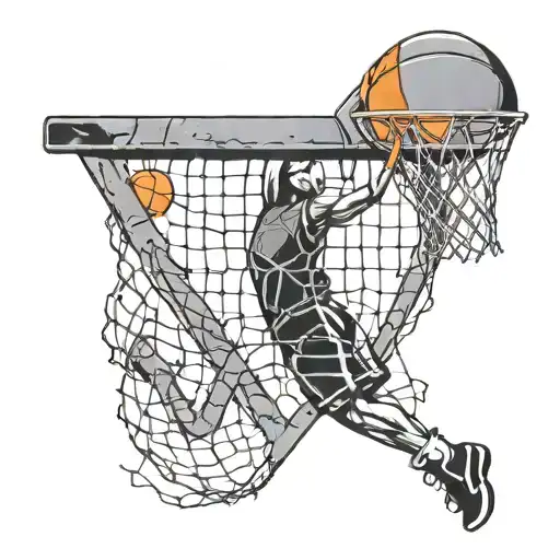 A basketball hoop with a heart-shaped net, surrounded by the words 'For the love of the game' and a silhouette of you playing basketball tattoo design idea