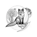 Fox against the background of the forest and the moon tattoo design idea