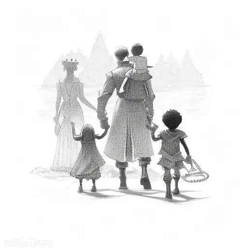 king and queen guiding kid with a chain and the kid guides three more children behind him tattoo design idea