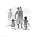 king and queen guiding kid with a chain and the kid guides three more children behind him tattoo design idea