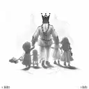 king and queen guiding kid with a chain and the kid guides three more children behind him tattoo design idea