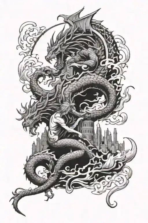 city , Ancient Greece, fire coming, 2 lovers kissing, dragon, knight, blood, sun, cloud, a lot of people, chaos tattoo design idea