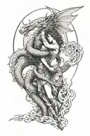 city , Ancient Greece, fire coming, 2 lovers kissing, dragon, knight, blood, sun, cloud, a lot of people, chaos tattoo design idea