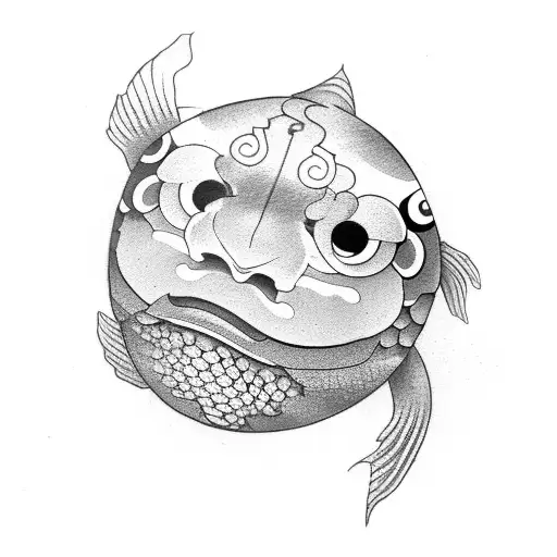 A koi fish transforming into a daruma doll tattoo design idea