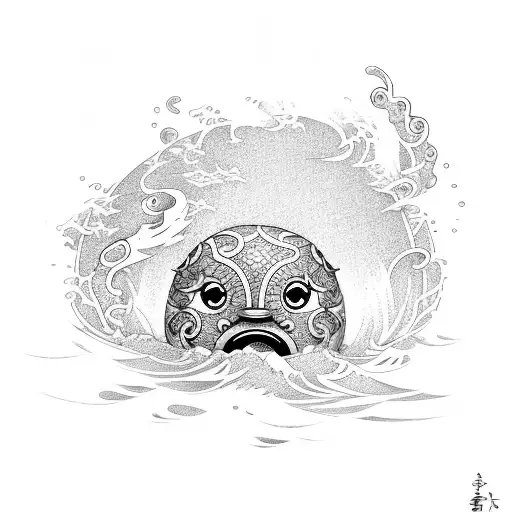 A daruma doll emerging from a wave with koi fish swimming around it tattoo design idea