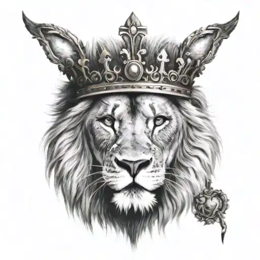 lion wearing a crown with a cross shaped scar on his right eye tattoo design idea