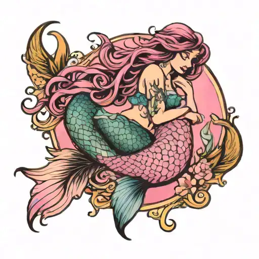 pink free mermaid Naples right quadriceps tattoo design idea