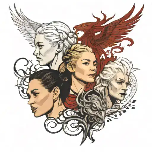 Rhaenys (Eve Best), Rhaenyra (Emma D'Arcy) and Danaerys Targaryen (Emilia Clarke) together tattoo design idea