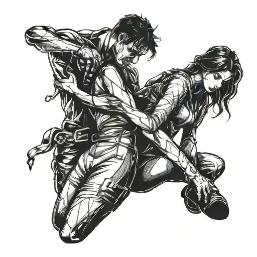 A dark romance scene of a shadow couple embracing in a BDSM setting tattoo design idea