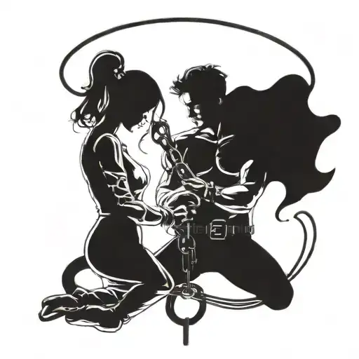 A surreal depiction of a dark romance couple surrounded by shadows, incorporating elements of BDSM like handcuffs and whips tattoo design idea