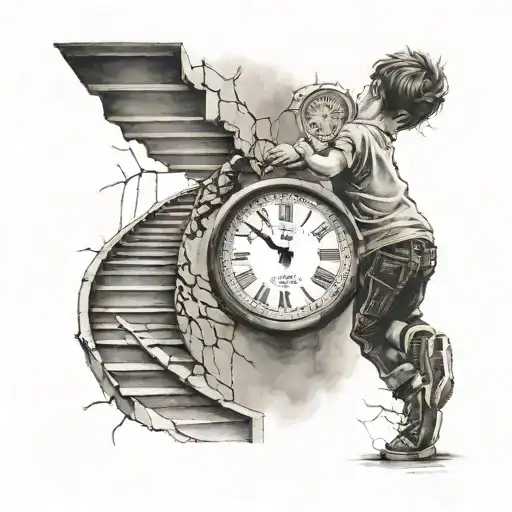 boy running up stairs fading away towards a clock that has cracks and is fading away tattoo design idea