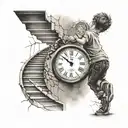 boy running up stairs fading away towards a clock that has cracks and is fading away tattoo design idea