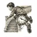 boy running up stairs fading away towards a clock that has cracks and is fading away tattoo design idea