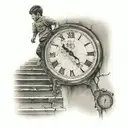 boy running up stairs fading away towards a clock that has cracks and is fading away tattoo design idea
