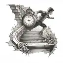 boy running up stairs fading away towards a clock that has cracks and is fading away tattoo design idea