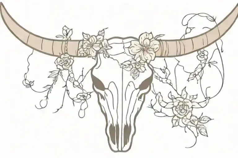 longhorn cow skull with flowers and barbed wire around horns tattoo design idea