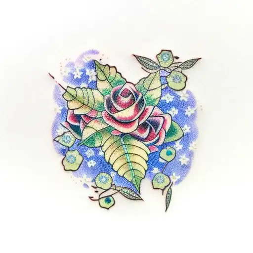 willow leaf with roses and forget-me-not flowers tattoo design idea
