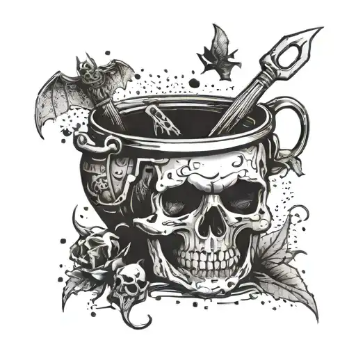 A skull-shaped pot with bats flying out of it, surrounded by cooking utensils tattoo design idea