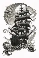 A haunted pirate ship being dragged down by a massive Kraken, with eerie shadows and dark waves tattoo design idea