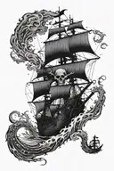 A haunted pirate ship being dragged down by a massive Kraken, with eerie shadows and dark waves tattoo design idea
