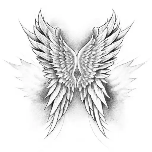 two angel wings with medium detail, left wing is dark and stands for evil. right wing is light and stands for good.  tattoo design idea