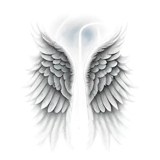 two angel wings with medium detail, left wing is dark and stands for evil. right wing is light and stands for good.  tattoo design idea