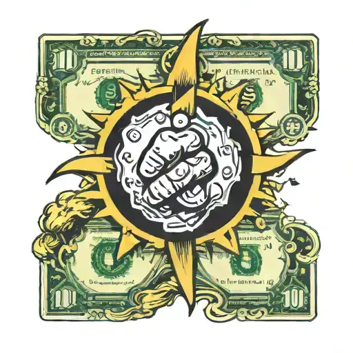 100 dollar bill fist punching through gold dollar sign tattoo design idea