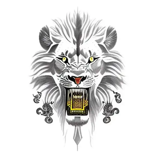 Realistic ancient warrior. Fighting with lions tattoo design idea