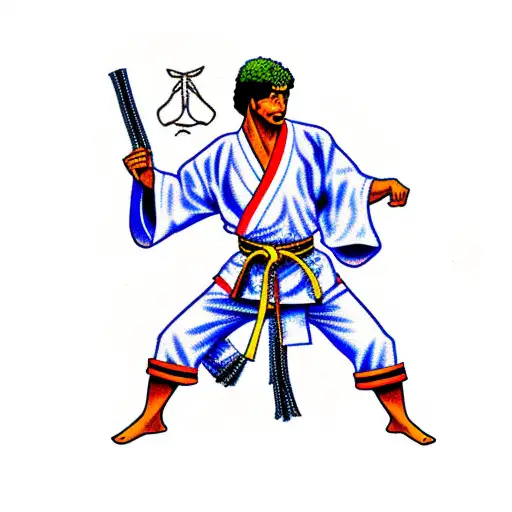 kola man dressed as karate kid with the same swards as Miyamoto Musashi  tattoo design idea